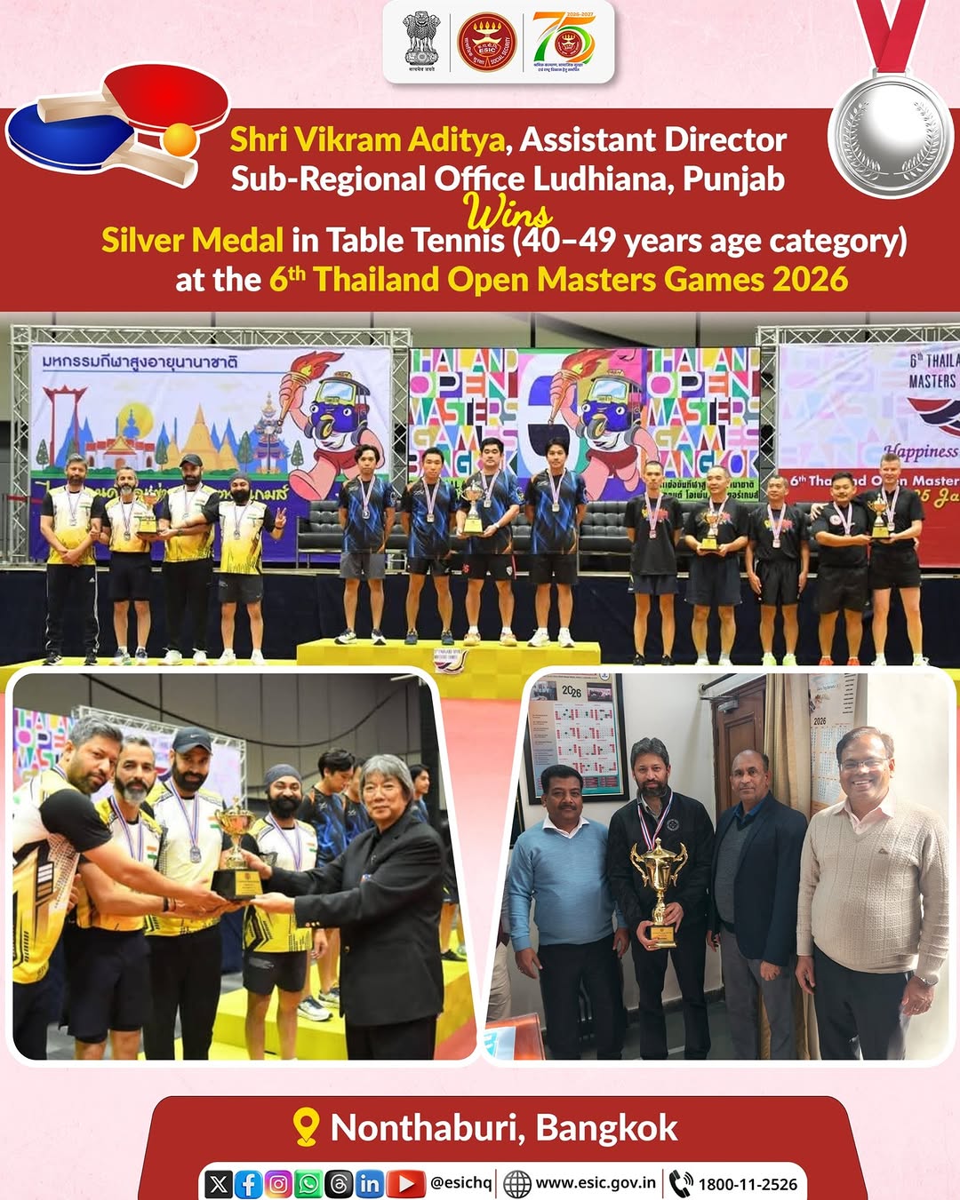 Silver Medal by Sh. Vikram Aditya, AD in sports event at 6th Thailand Open Masters Games 2026